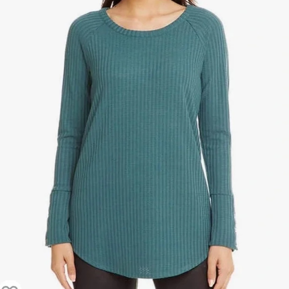 Chaser Teal Long Sleeve Waffle Knit Cabincore Thermal Top Button Cuffs Size L